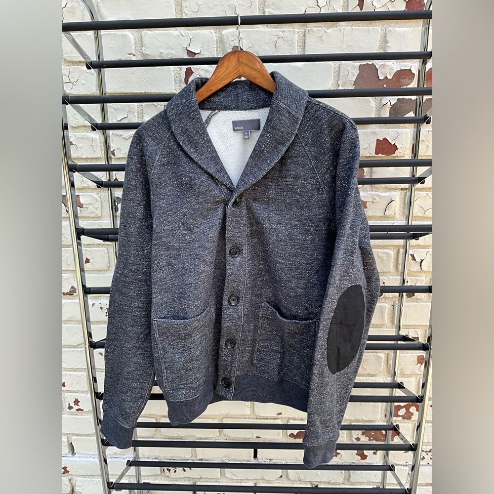 Vince Men’s Sweater/Cardigan Button-Up Dark Grey Padded Elbow Detail